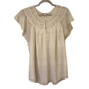 LOFT Womens XL Blouse Top Beige Sheer Pleated Button Keyhole‎ Short Sleeve